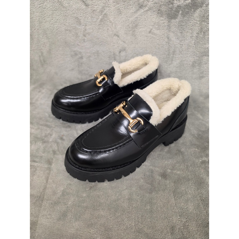 Steve Madden Lando-Y Kids Black Leather Faux Fur Lug Sole Loafers Size 5.5M